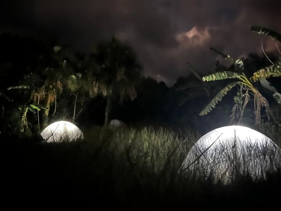 Tents glowing under headlamps at night