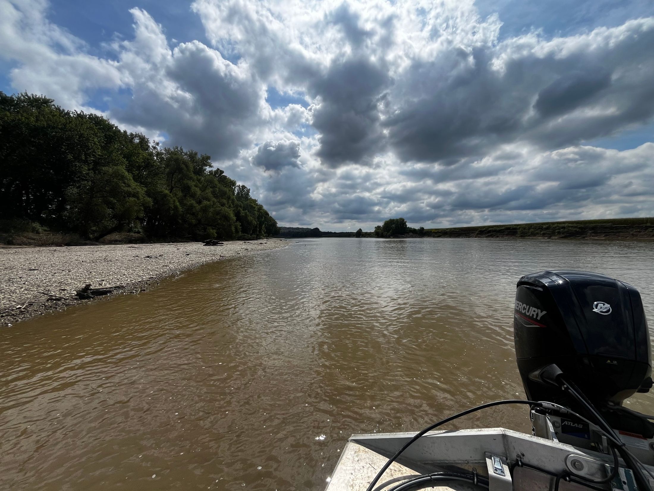 View from a sampling boat of the Scioto River beside a gravel bar