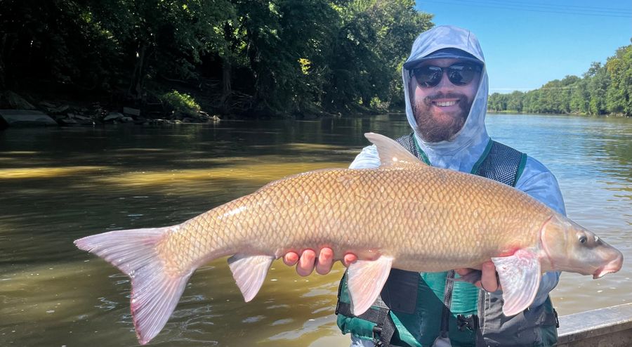 Mack holding a large Blue Sucker beside a river